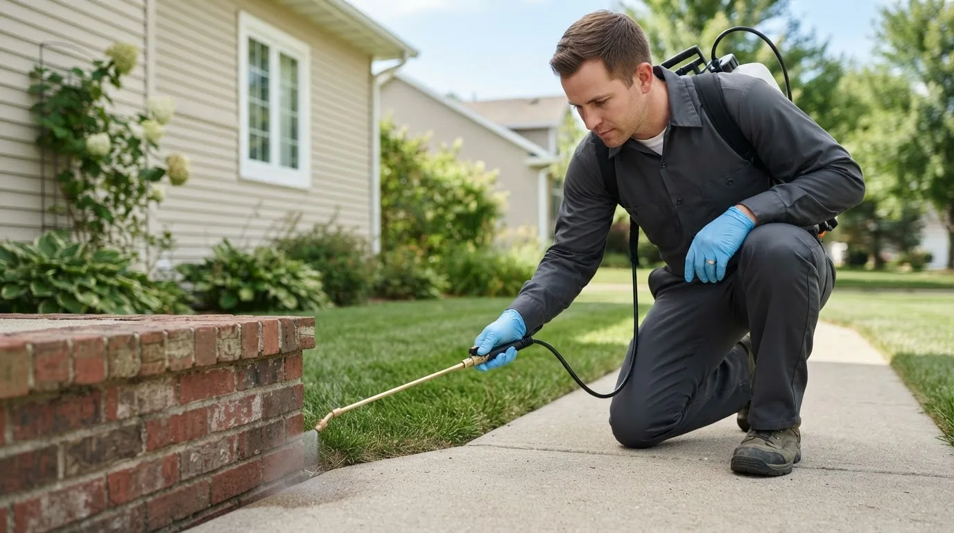 Pest control technician treating a home near Dodge, TX